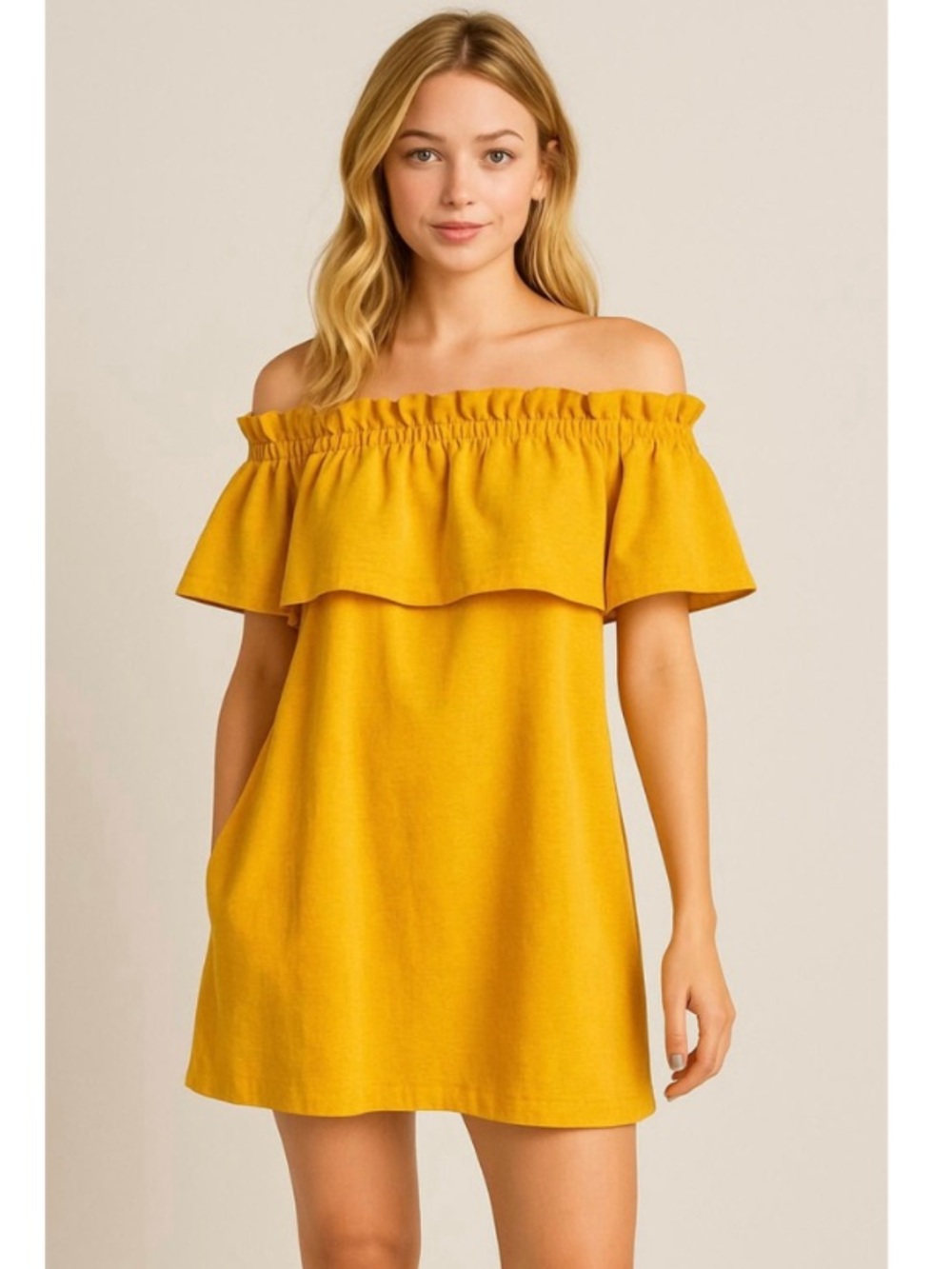 H&M Off-Shoulder Ruffle Dress in Mustard Yellow size M